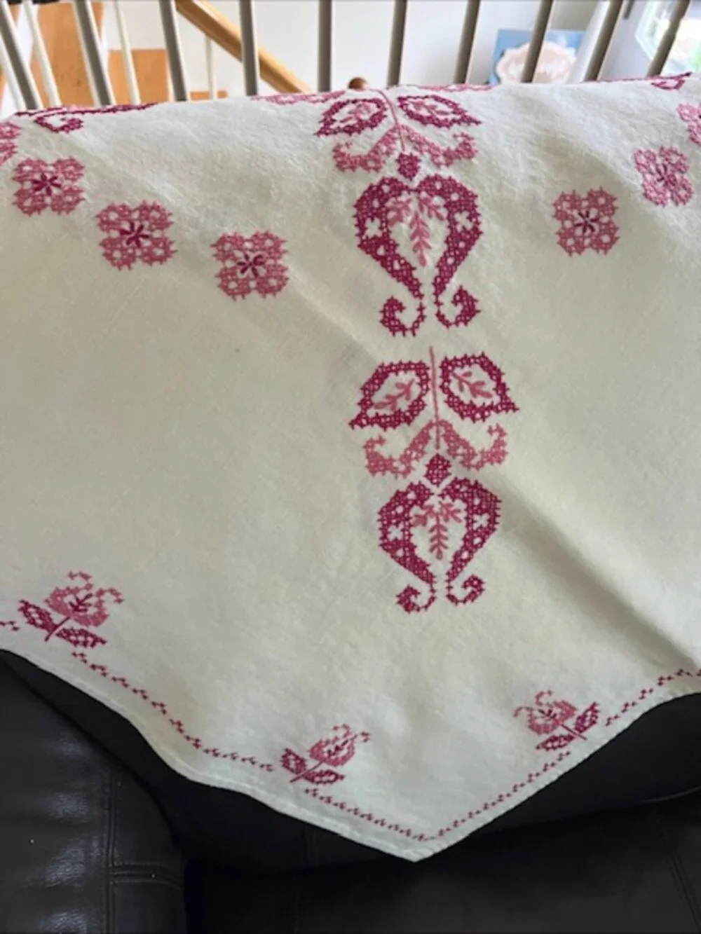 Handmade Cross Stich Embroidered Linen Square Tablecloth White & Red 48